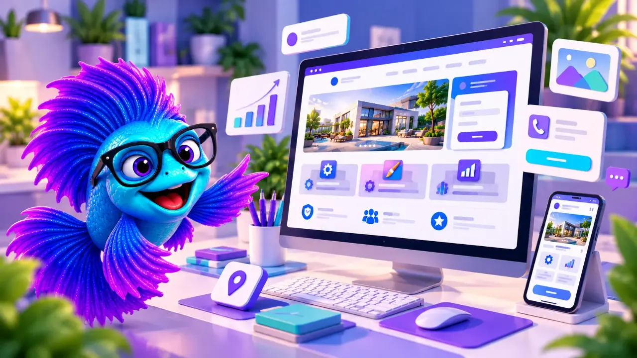 Ilustración de una página web empresarial organizada en secciones, acompañada por Betty, la mascota de IMDIGITAL.