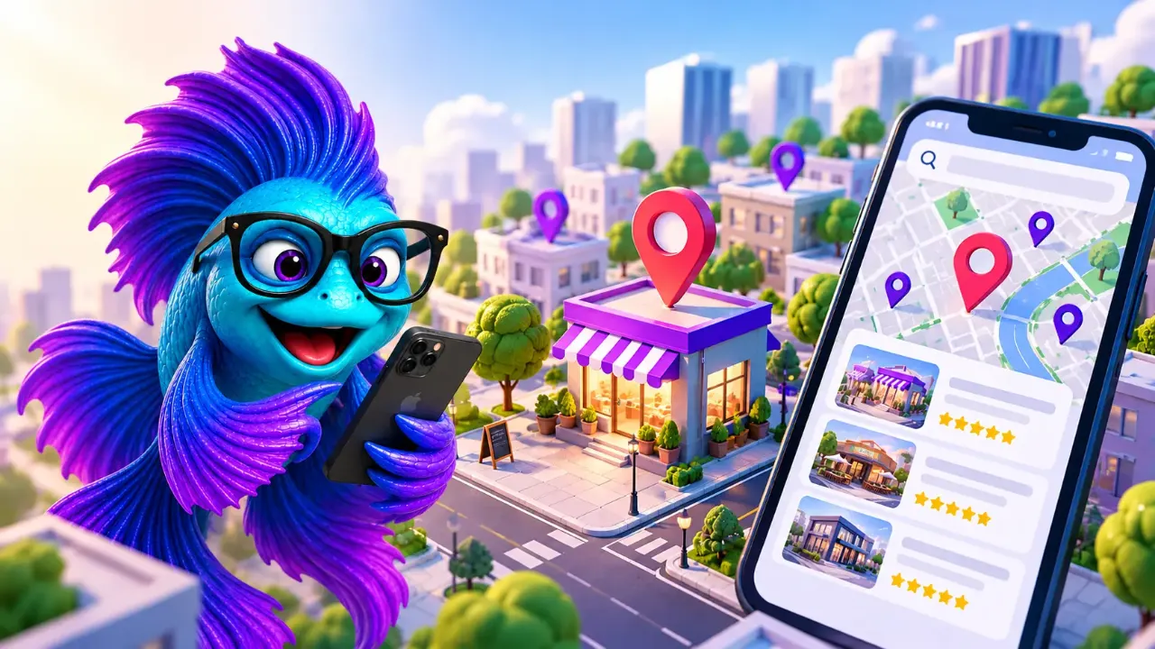 Betty, la mascota de IMDIGITAL, junto a un comercio señalado en un mapa digital con resultados de negocios cercanos.