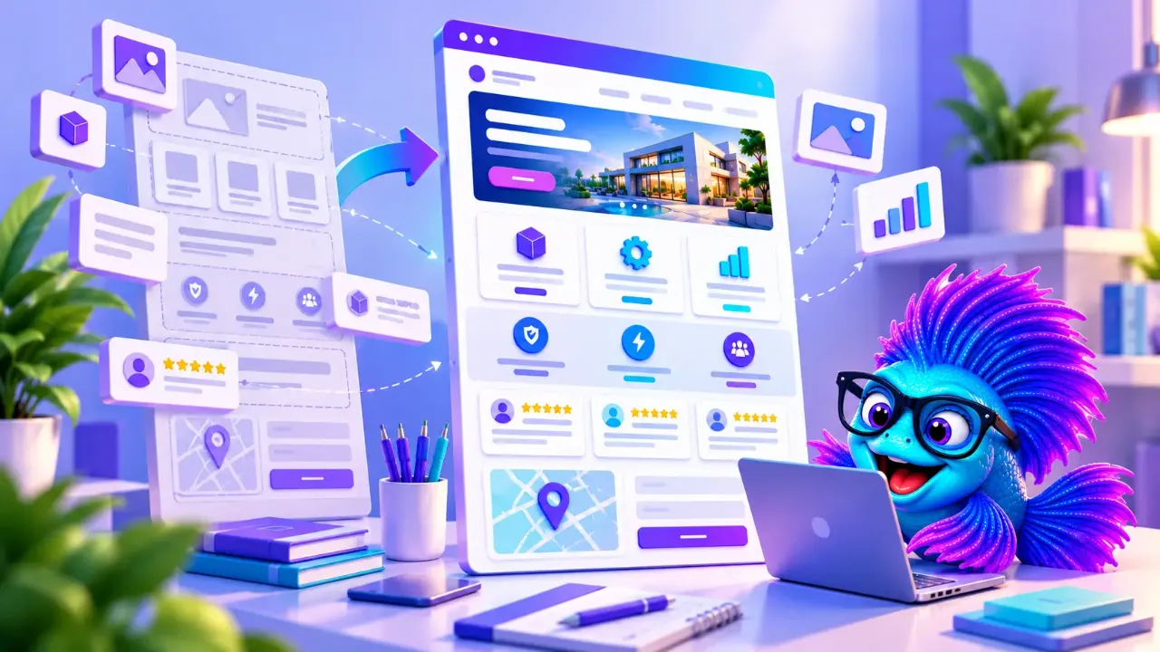 Ilustración de Betty trabajando junto a una página web cuyos bloques de contenido se están organizando.