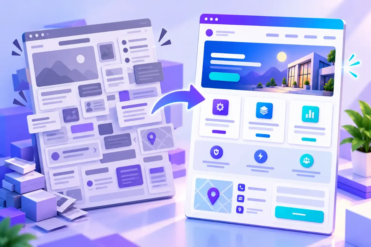 Comparación entre una página web con información desordenada y otra con contenidos claros y un botón de contacto destacado.