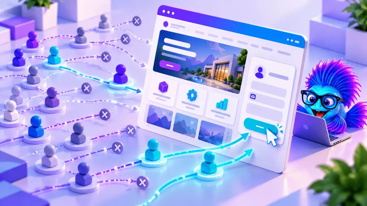 Ilustración de una página web que recibe numerosos visitantes, pero donde pocos completan el recorrido hasta el contacto.