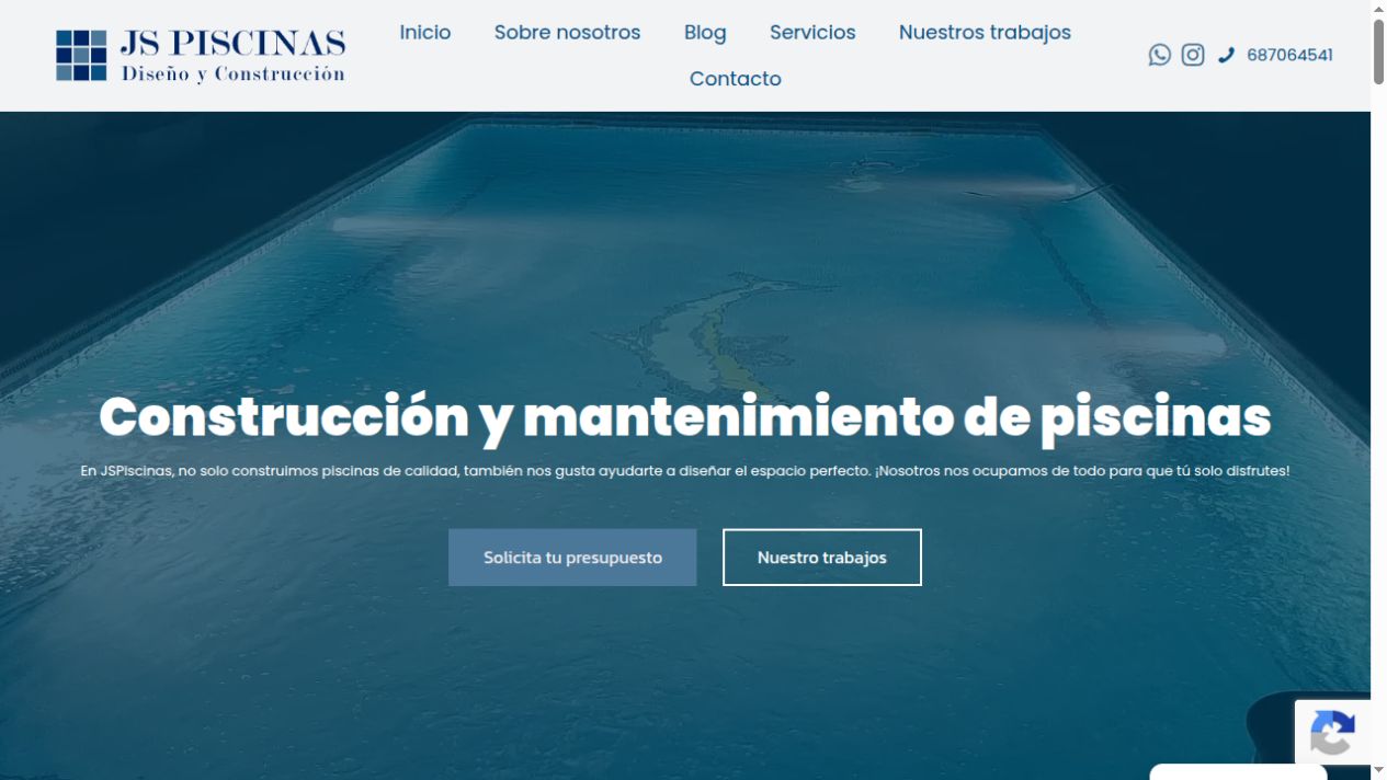 Vista del sitio web de JSPISCINAS